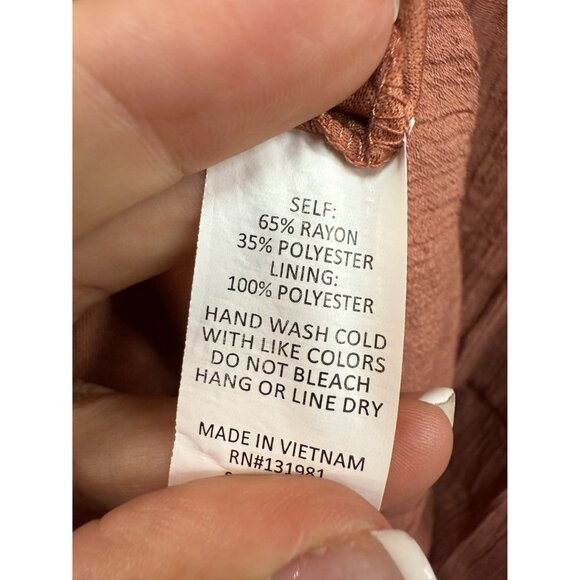 Naif Rust Orange Textured Tiered Mini Dress With Tassel Tie Neck & 3/4 Sleeves L - Picture 7 of 8